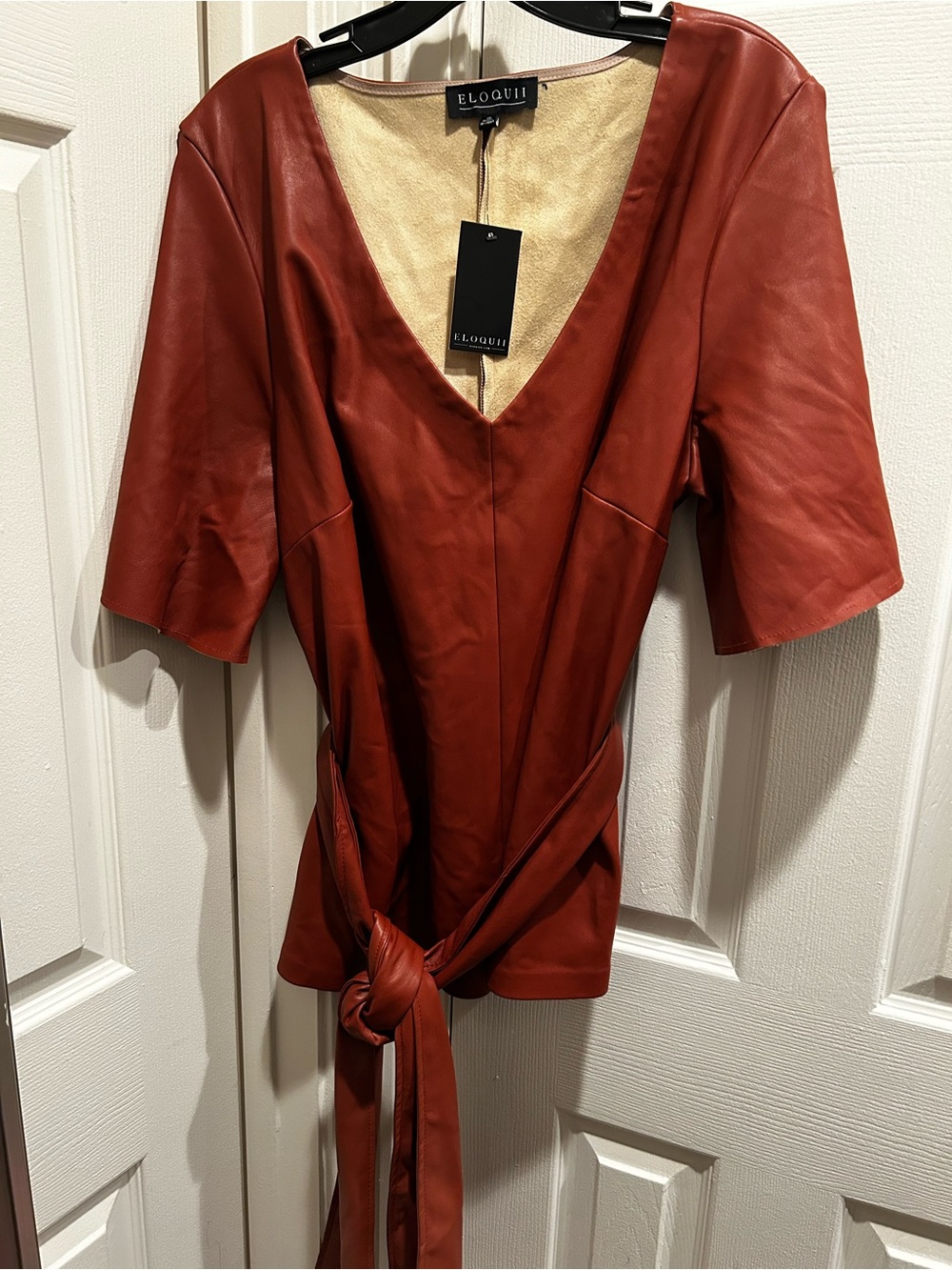 Eloquii Rust/ burnt orange Faux Leather Tie-Front Top